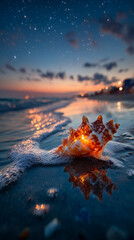 illuminated conch shell resting on wet twilight shore with warm inner glow reflecting on sand, gentle waves washing over and starry sky above for serene and magical coastal atmosphere