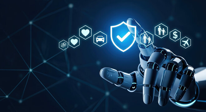 AI Insurance Solutions: Robotic Hand Offering Protection for Health, Family, Travel, Car, and Finance. Future of Insurance and Technology Concept