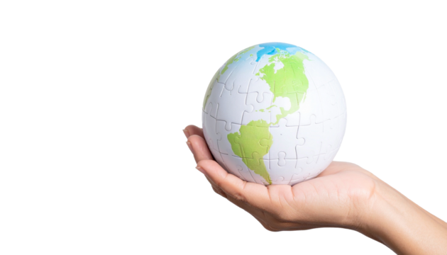 A hand cradles a globe, highlighting the importance of global unity and environmental responsibility. The puzzle-piece design symbolizes the interconnectedness of all nations