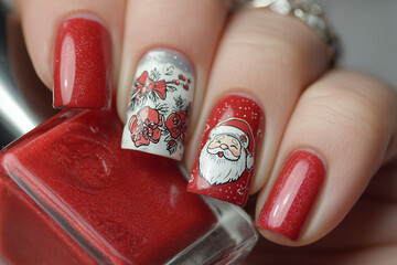 festive manicure featuring glossy red nails with two accent designs: one with silver background, red flowers, green leaves, and red bow; the other with Santa Claus face on red base