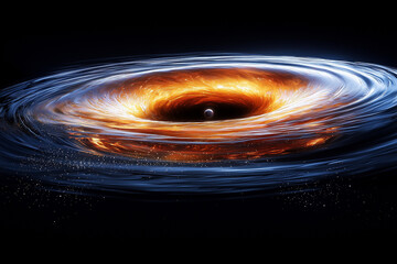 cosmic phenomenon featuring detailed black hole surrounded by luminous accretion disk with swirling orange, yellow, and white plasma transitioning to cooler blue hues and small celestial body nearby