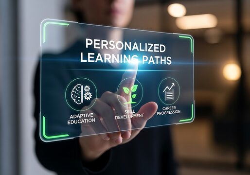 A person touches a screen displaying personalized learning paths, with icons representing adaptive education, fast feedback, and data comprehension in modern education