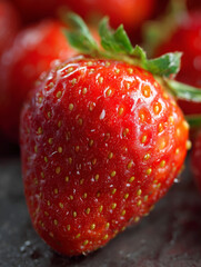 close-up of ripe strawberry with vibrant red skin, yellow seeds, and green leafy cap set against blurred background for fresh and detailed fruit composition
