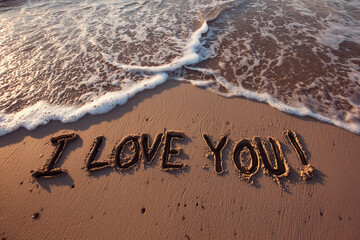 romantic beach scene with “I LOVE YOU!” written in sand near shoreline as gentle waves approach under soft natural light for poetic expression of fleeting affection