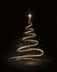 stylized christmas tree formed by swirling golden light trails against dark background with glowing star at top and scattered sparkles for elegant and modern holiday design