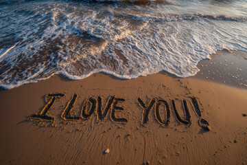 romantic beach scene with “I LOVE YOU!” written in sand near shoreline as gentle waves approach under soft natural light for poetic expression of fleeting affection
