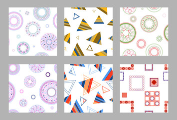 Seamless pattern of geometric shapes. Bright seamless pattern. Set of 6 patterns. Design for fabric, wallpaper, wrapping paper