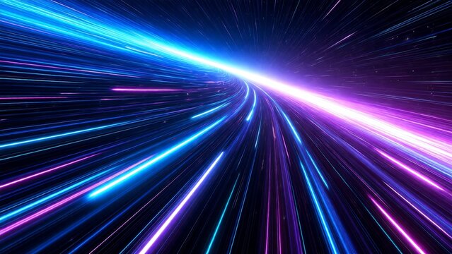 Futuristic digital background showcasing an abstract visualization of high-speed motion, with vibrant blue and magenta neon light trails streaming through a data wormhole. 3D render