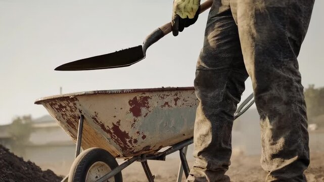 A construction worker using a shovel to load a wheelbarrow with soil