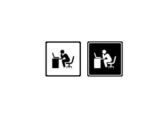 Black and white icons showing a person sitting at a desk using a laptop, symbolizing work, office tasks, or online activity in a minimalist style.