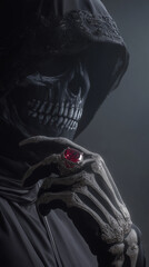 A skeletal figure in a dark hooded cloak holds a red gemstone ring. The atmosphere is eerie and mysterious, emphasizing themes of death and the supernatural.