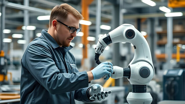 Engineer collaborating with cobot robot arm on precision assembly line, futuristic industrial workspace, human-machine teamwork.