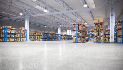 interior of a large warehouse with shelves and goods.