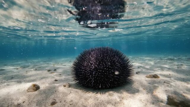 A sea urchin rests on the seafloor, beneath crystal-clear water. The image offers a unique perspective of marine life