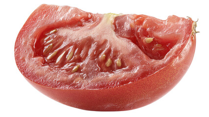 Close up of juicy ripe tomato slice showcasing vibrant red color and detailed seeds isolated on transparent background