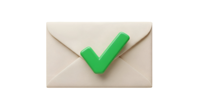 Green checkmark on elegant cream envelope signifies confirmation and success