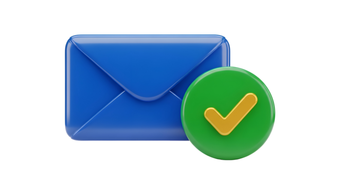 Blue envelope with green checkmark confirms successful email delivery instantly