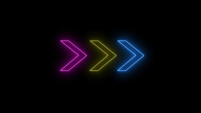 Animated squirrel arrow  Three neon arrow symbols in magenta, yellow, and blue glow against a black background, creating a sleek and futuristic direction or motion design.