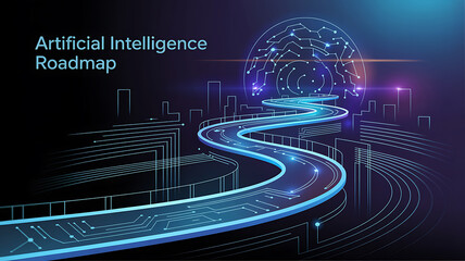 Futuristic artificial intelligence roadmap leading to a digital brain and cityscape