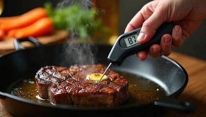 Chef uses digital thermometer to check meat temperature in frying pan. Hand holds device measuring steak heat in kitchen. Cooking process ensures perfect doneness for delicious meal.