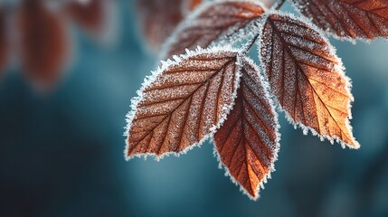 Winter foliage featuring brown leaves covered in sparkling white hoarfrost, creating a freezing cold nature scene