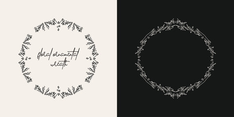 Elegant circle frames made from stylized flowers, leaves, and branches. Can be used for branding, logos, wedding invitations, stationery, packaging, apparel design, social media graphics.	
