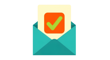 Email confirmation message with a bright green checkmark inside an open envelope