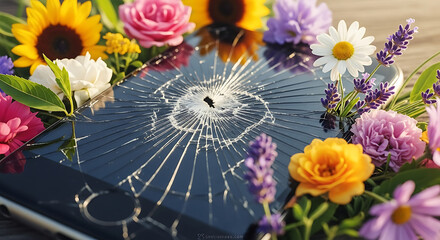 Shattered glass overlaying vibrant floral arrangement symbolizing fragility and beauty