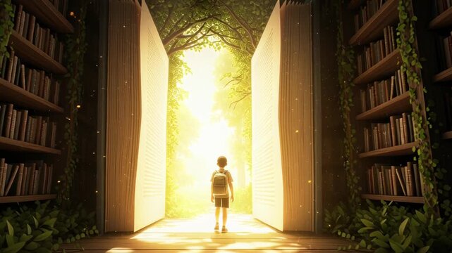 A young boy with a school backpack stepping through the pages of a giant book into another world International Education Day concept