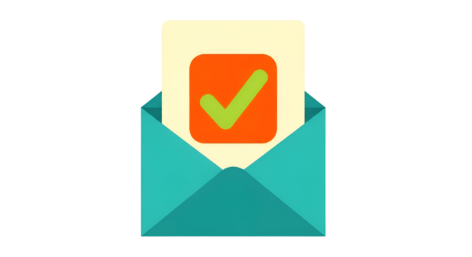 Email confirmation message with a bright green checkmark inside an open envelope