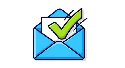 Email confirmed with green checkmark inside blue envelope, digital communication success