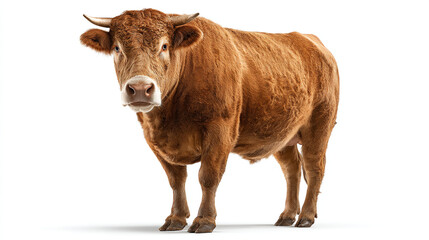 A full body shot of a brown cow standing on a white background in a studio setting