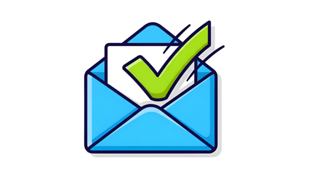 Email confirmed with green checkmark inside blue envelope, digital communication success