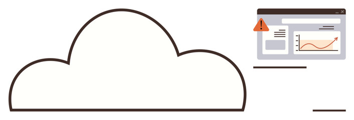 Cloud outline with performance dashboard showing graph and alert. Ideal for data management, analytics, cybersecurity, warnings, SaaS, cloud computing, simple flat metaphor
