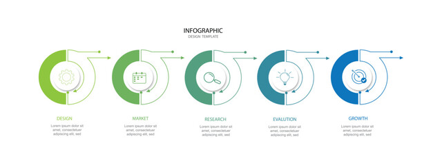 Circular comparison diagram divided into 5 parts. Concept of business model with five options to choose or select. Modern flat infographic vector illustration for data visualization, presentation.