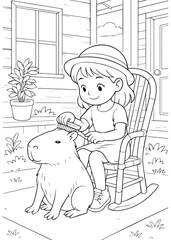 coloring book girl brushing capybara on chair