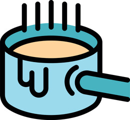 Light blue cooking pot with handle, filled with steaming hot food, ready to be served