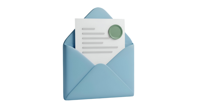 Modern letter arriving in a clean, open blue envelope with document