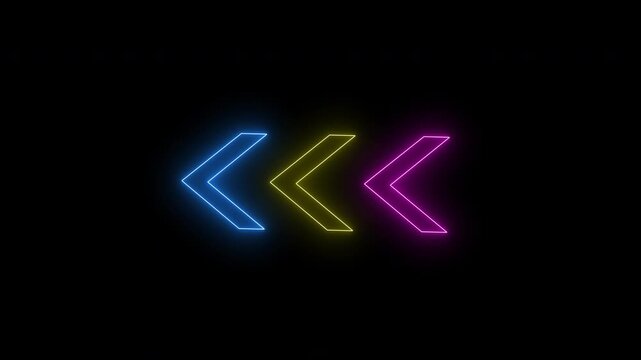 Animated squirrel arrow Three neon arrow symbols in blue, yellow, and magenta glow against a black background, pointing left to create a futuristic and retro visual effect.