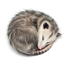 Obraz premium Adorable baby opossum curled up sleeping peacefully on white background, capturing innocence and tranquility for heartwarming animal-themed projects