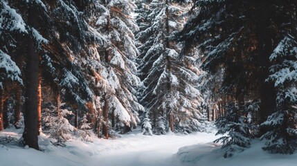 Snow covered pine trees lining a serene forest path during sunset, creating a tranquil and cold winter landscape