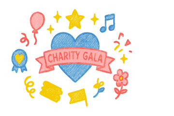 Colorful charity gala decoration featuring heart, stars, and festive symbols for a community event