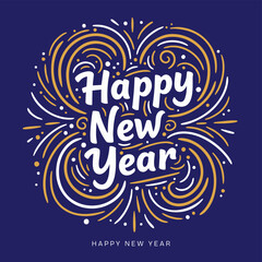 Happy New Year Celebration Vector Art | Festive Social Media Post Design with Fireworks, Balloons, and Modern Typography