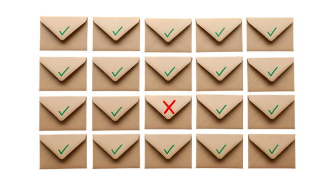 Many approved envelopes with one rejected item, business success decision