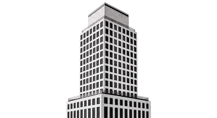 contrast black and white skyscraper illustration featuring a unique halftone dot pattern on a tall building.