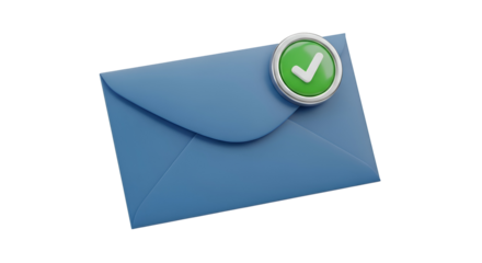 Blue envelope with green checkmark confirmation icon, mail status update