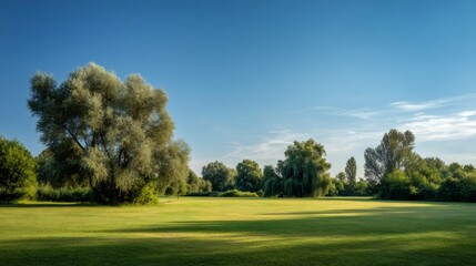 Green park field with various trees casting shadows on grass under a clear blue sky, creating peaceful serene nature