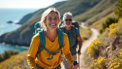 Happy middle aged couple hikes along ocean path. They wear backpacks, use trekking poles. Man and woman smile, enjoy scenic coastal trail, outdoor activity, fresh air, summer nature.