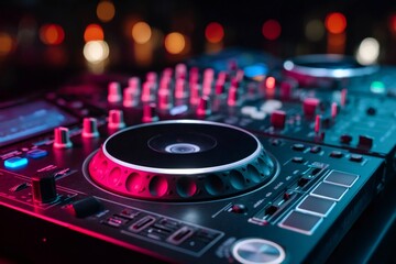 Professional dj mixing console creating music at nightclub party