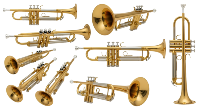 Collection of Golden Trumpets on Black Background Keywords: trumpet, brass instrument, musical